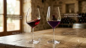Side-by-side illustration comparing the bowl shapes of merlot wine glasses and cabernet glasses.