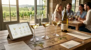 Side-by-side comparison illustrating a wide-bowled oaked chardonnay glass next to a narrower white wine glass for unoaked chardonnay.