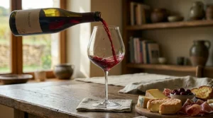 Red Pinot Noir wine being poured into a large-bowl crystal Burgundy wine glass.