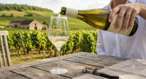 Chilled Sauvignon Blanc white wine being poured from a green bottle into an elegant crystal wine glass.