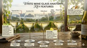 Technical graphic demonstrating the perfect pour level in stemless and traditional white wine glasses to maximize aeration.