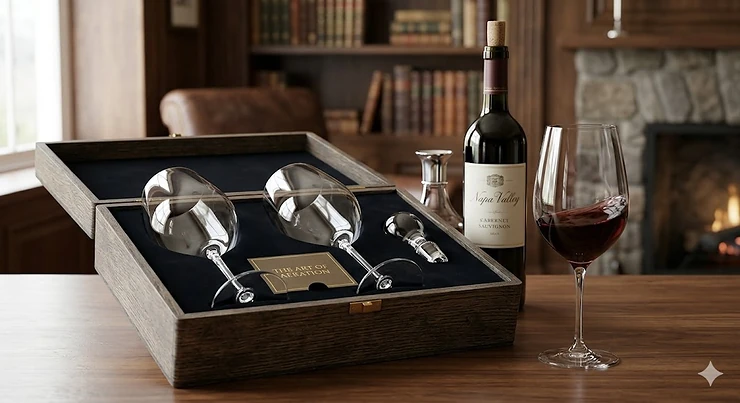 Elegant crystal red wine glasses gift set displayed inside a premium satin-lined wooden presentation box.