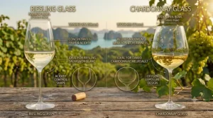 Side-by-side infographic comparing the smaller, narrow Riesling wine glass bowl to a wider, rounder Chardonnay glass.