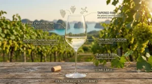 Diagram highlighting the unique narrow bowl and tapered rim design of standard Riesling wine glasses.