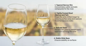 Anatomy diagram illustrating the narrow bowl and tapered rim design of standard Sauvignon Blanc glasses.