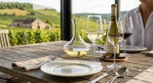 Fine dining place setting featuring formal crystal Sauvignon Blanc glasses next to seafood dinner plates.