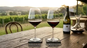 Side-by-side illustration comparing a Syrah or Shiraz wine glass with a standard Bordeaux glass to show size differences.