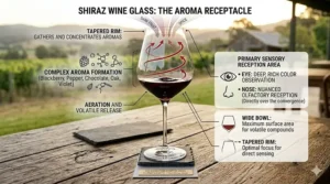 Diagram illustration explaining how the unique bowl shape of Shiraz wine glasses directs complex