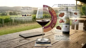 Infographic illustration featuring Shiraz wine glasses alongside ideal food pairings like grilled steak and roasted meats.