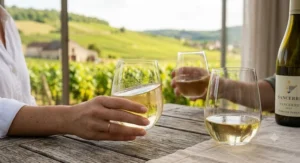 A pair of modern stemless Sauvignon Blanc glasses poured with pale yellow white wine on a kitchen counter.