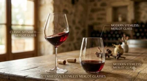Graphic rendering of classic stemmed and modern stemless merlot wine glasses for casual dining.