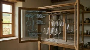 A collection of oversized Burgundy wine glasses neatly arranged inside a kitchen storage cabinet.