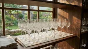 Row of sparkling, stem-up crystal white wine glasses neatly arranged inside a dark wood display cabinet.