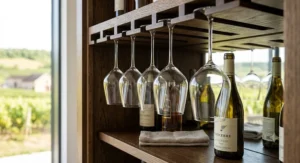 Row of clean stemmed Sauvignon Blanc glasses hanging upside down in a wooden home bar storage rack.