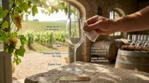 A hand gently swirling white wine inside a large-bowled chardonnay glass to release complex aromas.