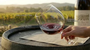 Red wine being swirled inside a large-bowled glass to aerate and release the aromas of a Pinot Noir.