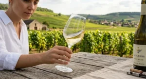 Close up of someone gently swirling crisp white wine inside a stemmed Sauvignon Blanc glass to release aromas.