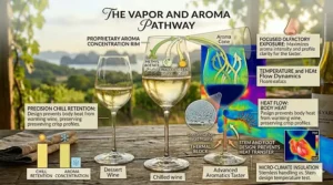 Infographic explaining how holding long-stemmed white wine glasses prevents body heat from warming chilled wine.