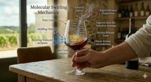 A technical illustration of wine swirling inside a Bordeaux glass, showing how ethanol vapor escapes while rich aromas concentrate at the rim.