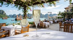 A diagram illustrating the anatomy of a champagne flute, pointing out the rim, bowl, stem, base, and the effervescence point at the bottom.