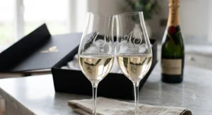 Close-up of a premium anniversary champagne flutes gift set featuring custom engraved initials on the glass bowls.