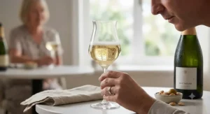 Sommelier evaluating sparkling Cava bubbles in a specialized tulip-shaped tasting glass.
