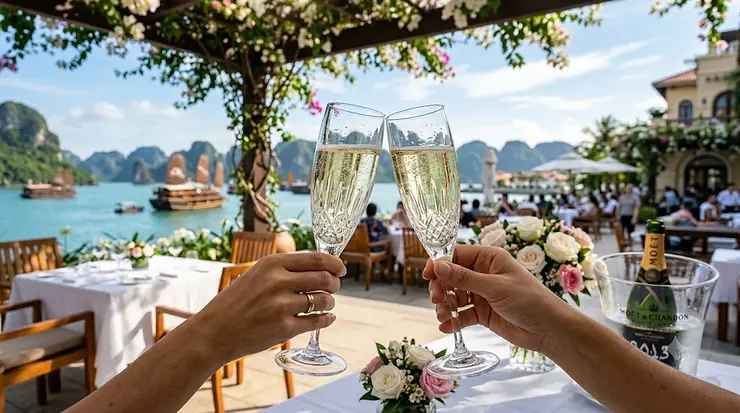 A bride and groom clinking two elegant crystal champagne flutes filled with sparkling wine during a wedding toast. best champagne flutes
