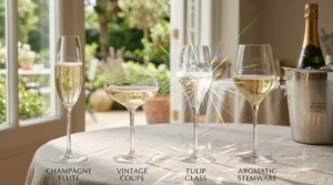 Close-up of two sparkling crystal champagne glasses showing the clear clarity and intricate light refraction of high-end stemware.