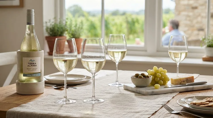 A set of elegant, long-stemmed pinot grigio glasses displayed on a modern dining table.