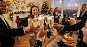 People raising a toast with the best prosecco flutes at a festive New Year's Eve party.