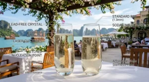Modern stemless champagne flutes filled with sparkling prosecco sitting on a contemporary marble coffee table.