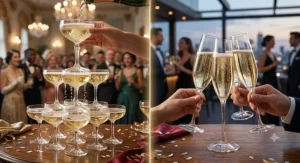 Side-by-side illustration of a vintage champagne coupe tower and modern champagne flute toast for celebrations.