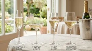 Side-by-side comparison of the best champagne glasses showcasing a traditional narrow flute, a wide vintage coupe, and a modern tulip glass.