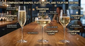 Illustration comparing champagne flutes vs coupe glasses alongside a champagne tulip glass for tasting.