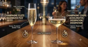 Diagram comparing bubble retention and fizz longevity in champagne flutes vs coupe glasses.