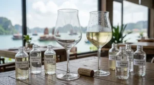 A chilled tulip white wine glass with delicate water droplets on the surface showcasing a refreshing pale yellow wine inside.