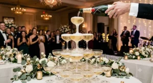 A multi-tier champagne coupe glasses tower being filled at an upscale wedding reception.