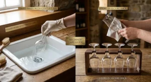 Instructional care guide showing hand-washing and storage practices for a beginner Madeira wine glass set.