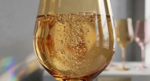 A detailed close-up illustration of effervescent bubbles rising inside the curved bowl of a tulip champagne glass.