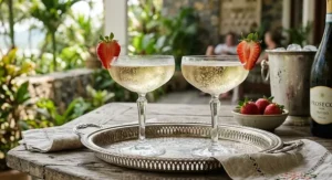 Chilled champagne coupe glasses filled with prosecco and garnished with fresh strawberries.