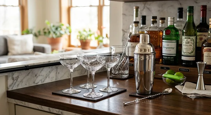 An elegant home bar setup featuring several empty coupe glasses for cocktails next to a stainless steel shaker.