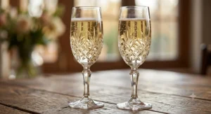 Stylized illustration of crystal cut sparkling wine glasses displaying faceted patterns and floating bubbles.