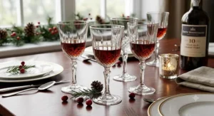 Elegant crystal port wine glasses filled with two-ounce small pours set for a festive holiday dinner.