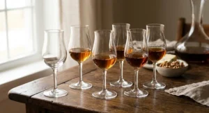 Set of crystal port wine glasses designed for small pours resting on a wooden dining table.