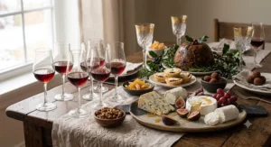 Holiday dessert table set with artisanal cheese and small pours in classic port wine glasses.