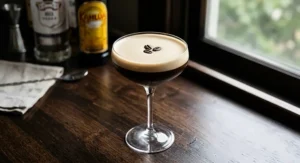 An espresso martini with a frothy top and three coffee beans served in a modern, elegant coupe glass.
