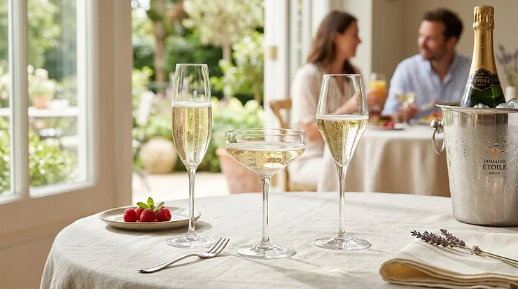 A curated collection of the best champagne glasses, including modern flutes and crystal coupes, arranged on a dining table.