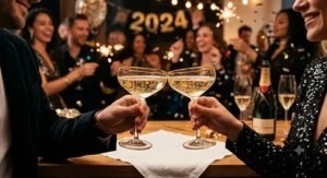 Two elegant gold rimmed champagne coupe glasses held by a couple toasting at a New Year's Eve party.