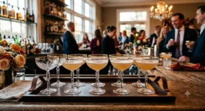 A row of gold-rimmed coupe glasses for cocktails arranged on a serving tray for a festive party.