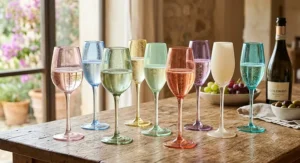 A beautiful collection of hand-blown colored prosecco glasses with slender stems in pastel hues.